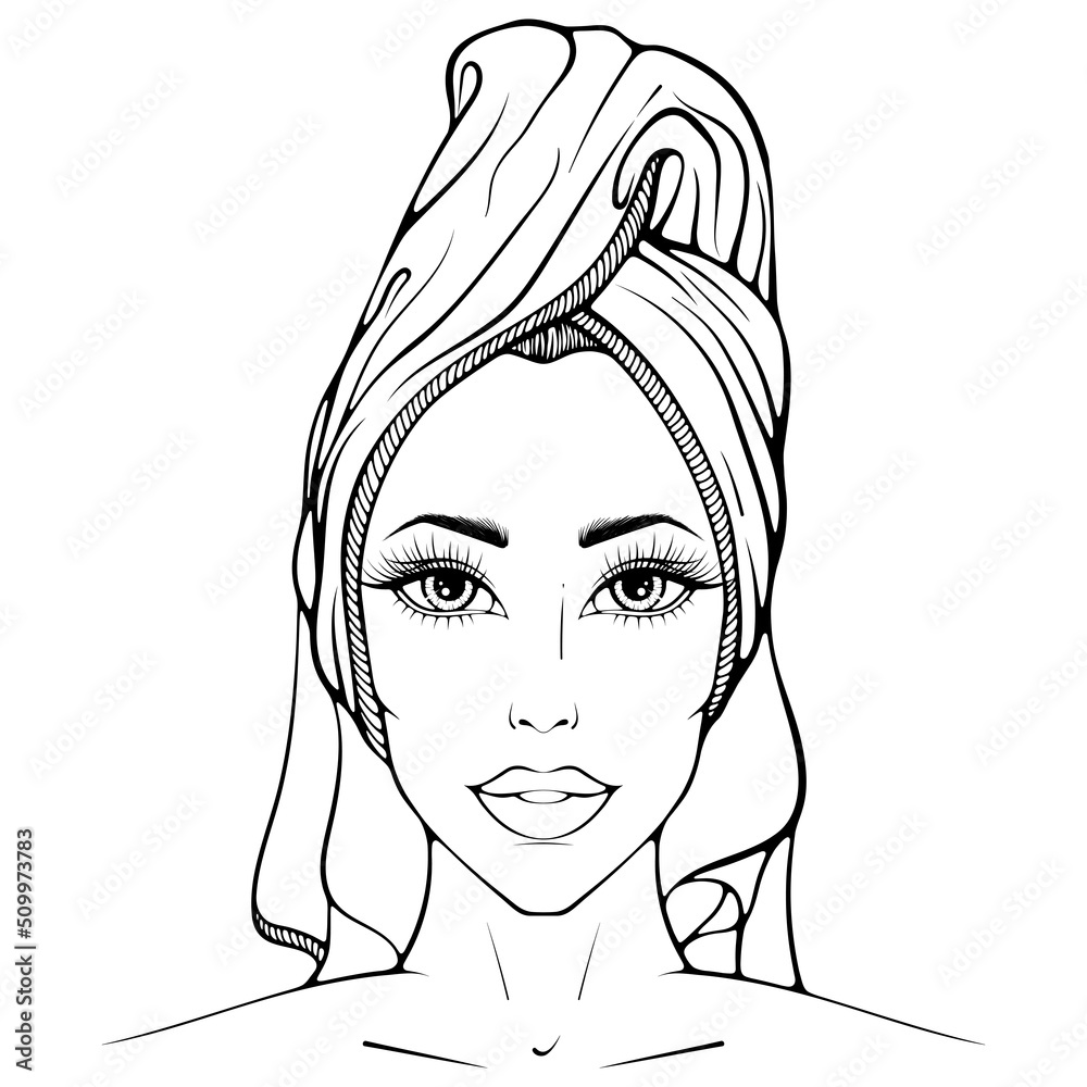 Portrait of young woman in a towel on her head vector illustration in sketch line art style isolated on white spa massage and beauty salon concept skin care coloring book page