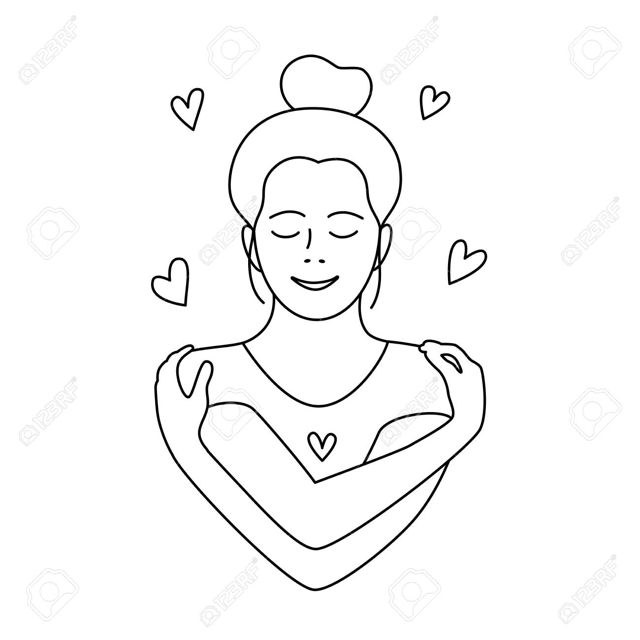 Love yourself love your body concept coloring page girl healthcare skincare take time for your self vector outline illustration woman hugging herself with hearts on white background line style royalty free svg