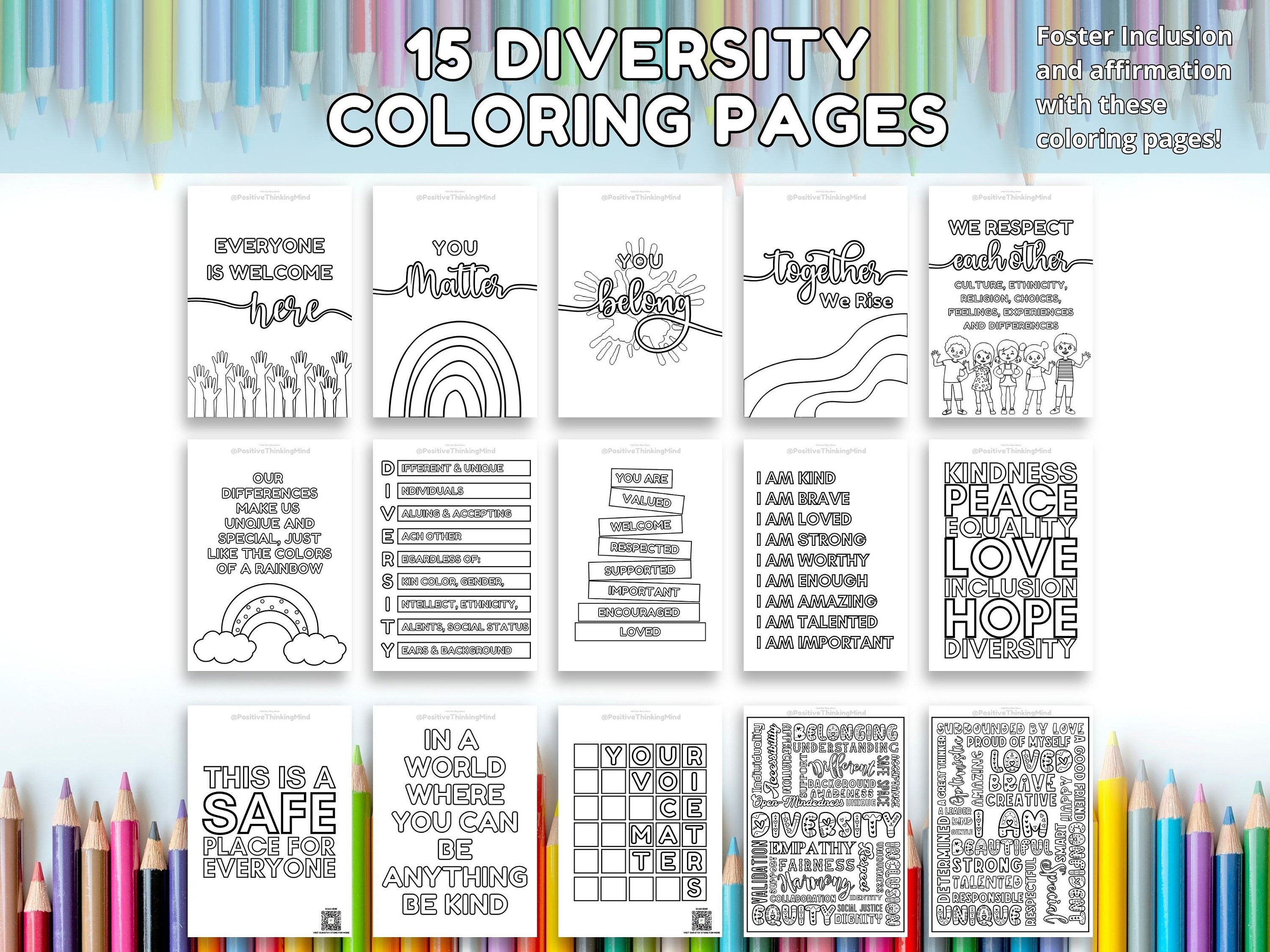 Inclusive affirmative kids coloring pages digital printable sheets for diversity and positivity