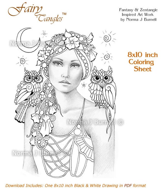 Sweet pea the new moon fairy tangles grayscale printable coloring sheets fairies owl adult coloring pages for coloring digital coloring