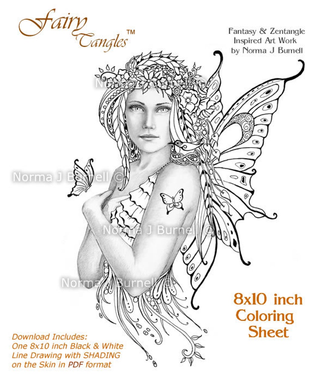 Spring fairy tangles printable grayscale coloring book sheets pages by norma j burnell fairies to color adult coloring digital coloring