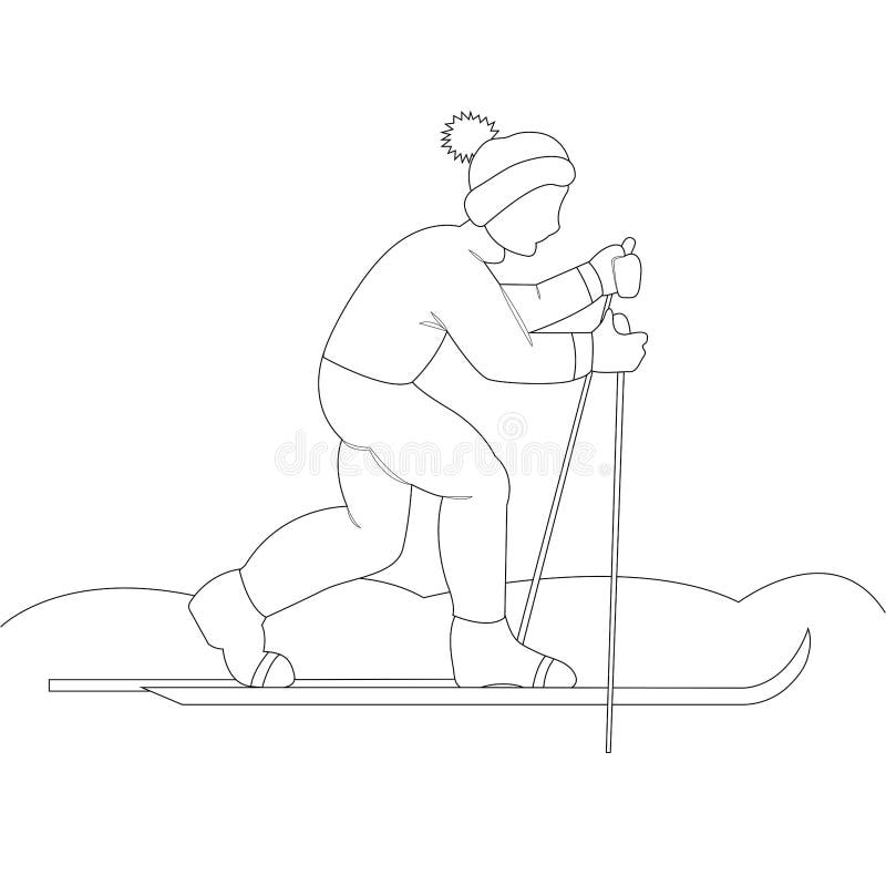 Coloring page outline the boy is skiing winter cold weather stock illustration