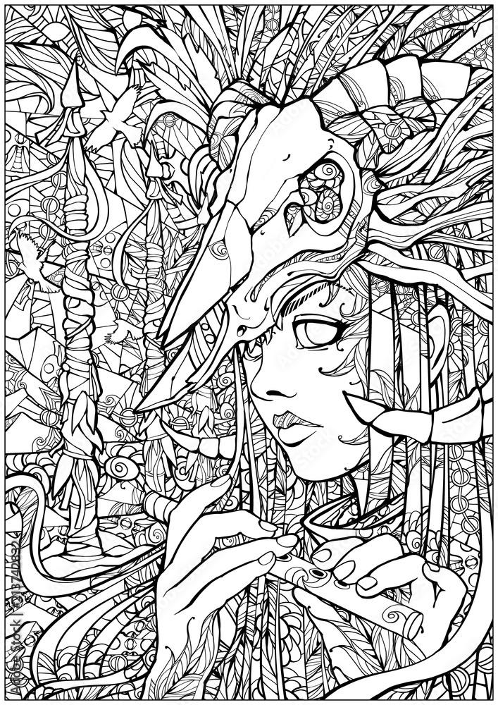 Coloring pages for adults girl shaman with a flute with a skull on the head illustration