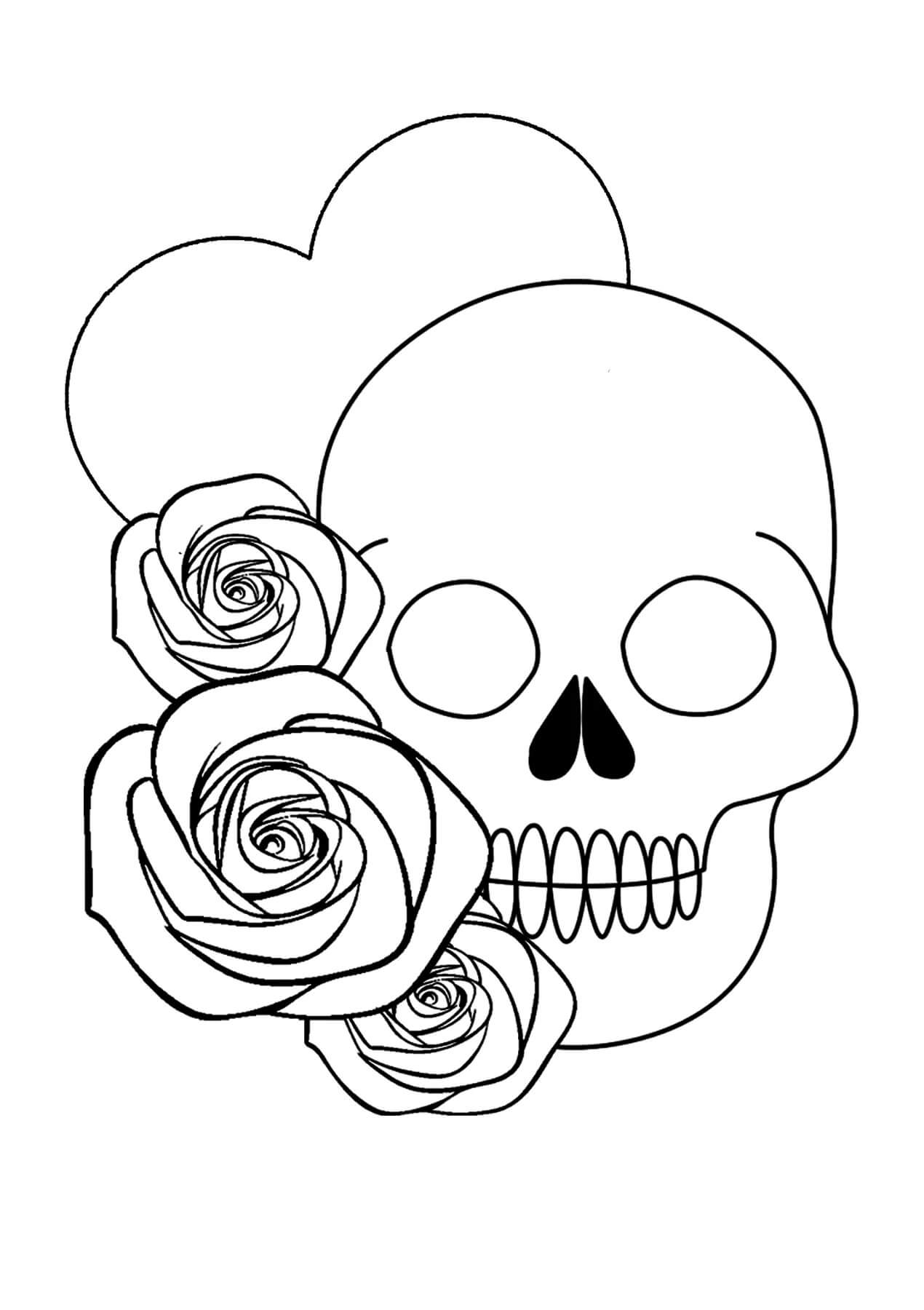 Skull with heart and roses coloring page