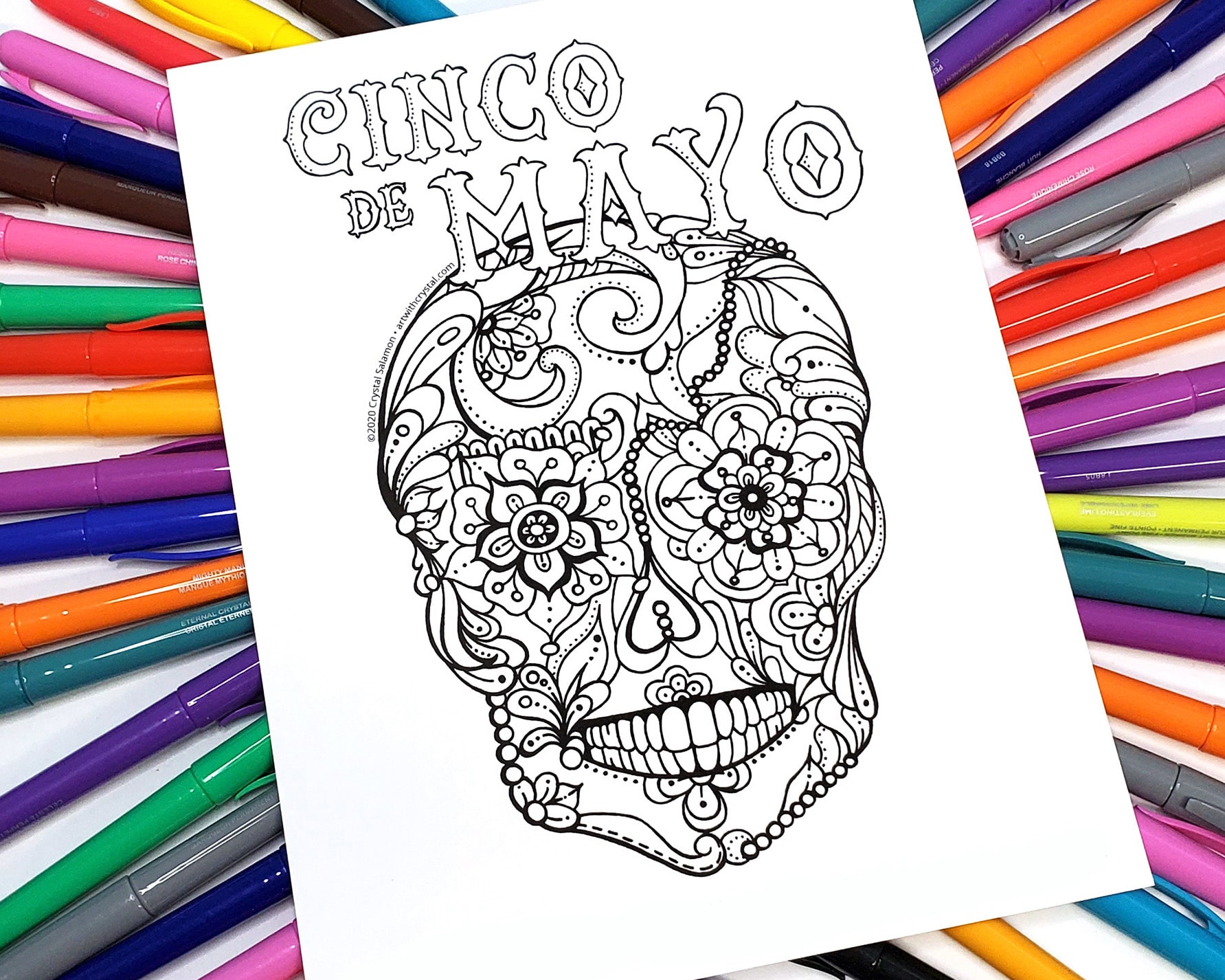 Cinco de mayo sugar skull kid and adult colouring page