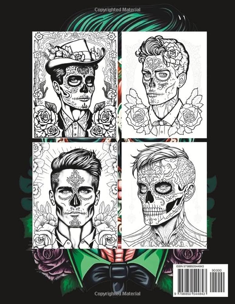 Sugar skulls makeup male coloring book for adults cinco de mayo coloring pages los muertos makeup intricate collection of mexican day of the dead los muertos for stress relief and
