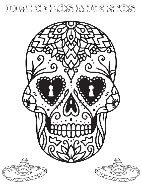 Sugar skulls coloring pages for adults kids dia de los muertos coloring pages halloween printable coloring pdf instant download