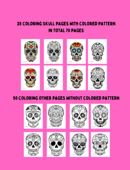 Sugar skull template coloring pages with coloured pattern for kids and beginners