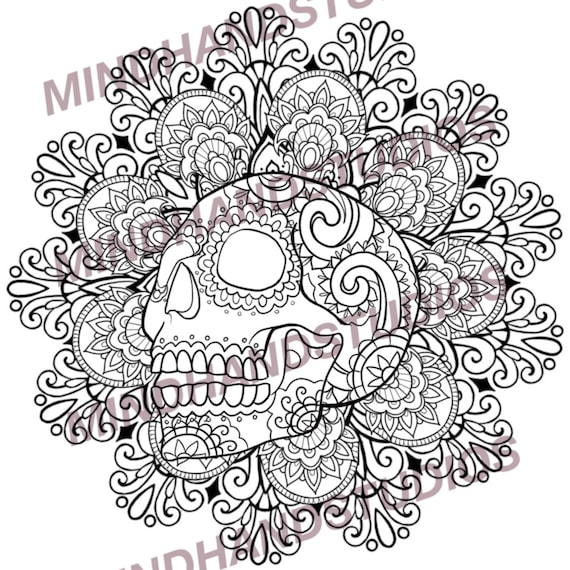 Ornate skull mandala printable coloring page mandala coloring page instant digital download halloween coloring sheet