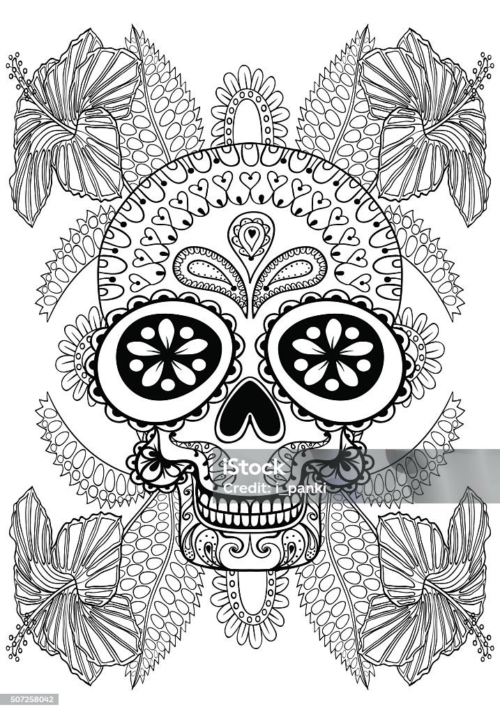 Hand drawn artistic skull adult coloring page a stock illustration