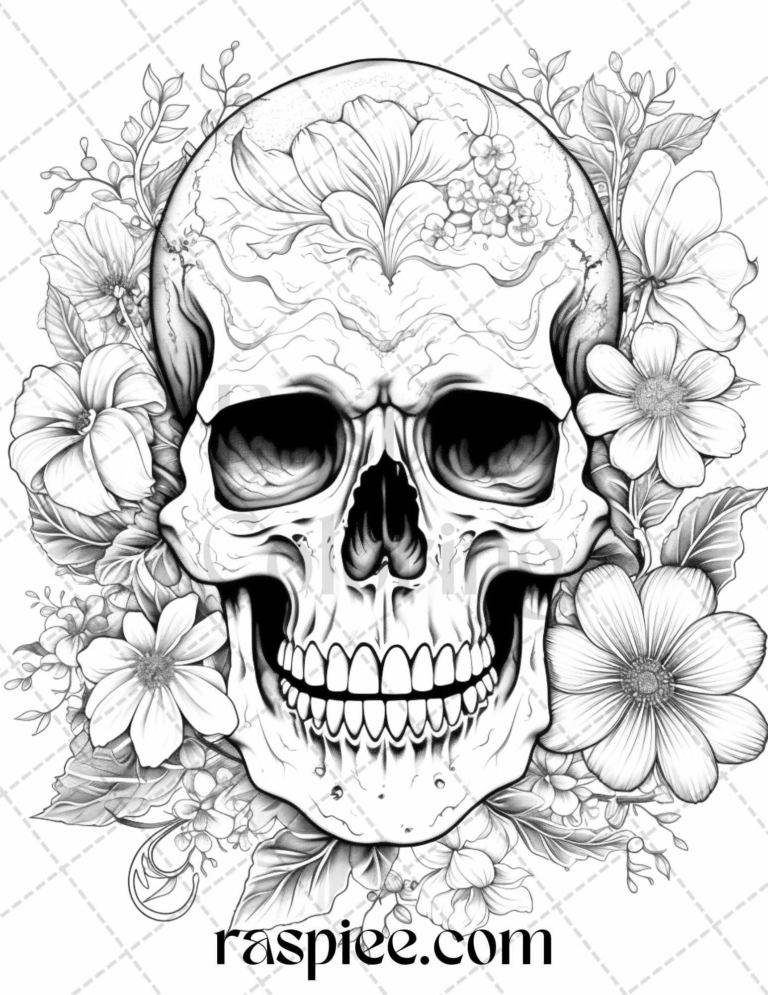 Floral skull grayscale coloring pages for adults stress relief col â coloring