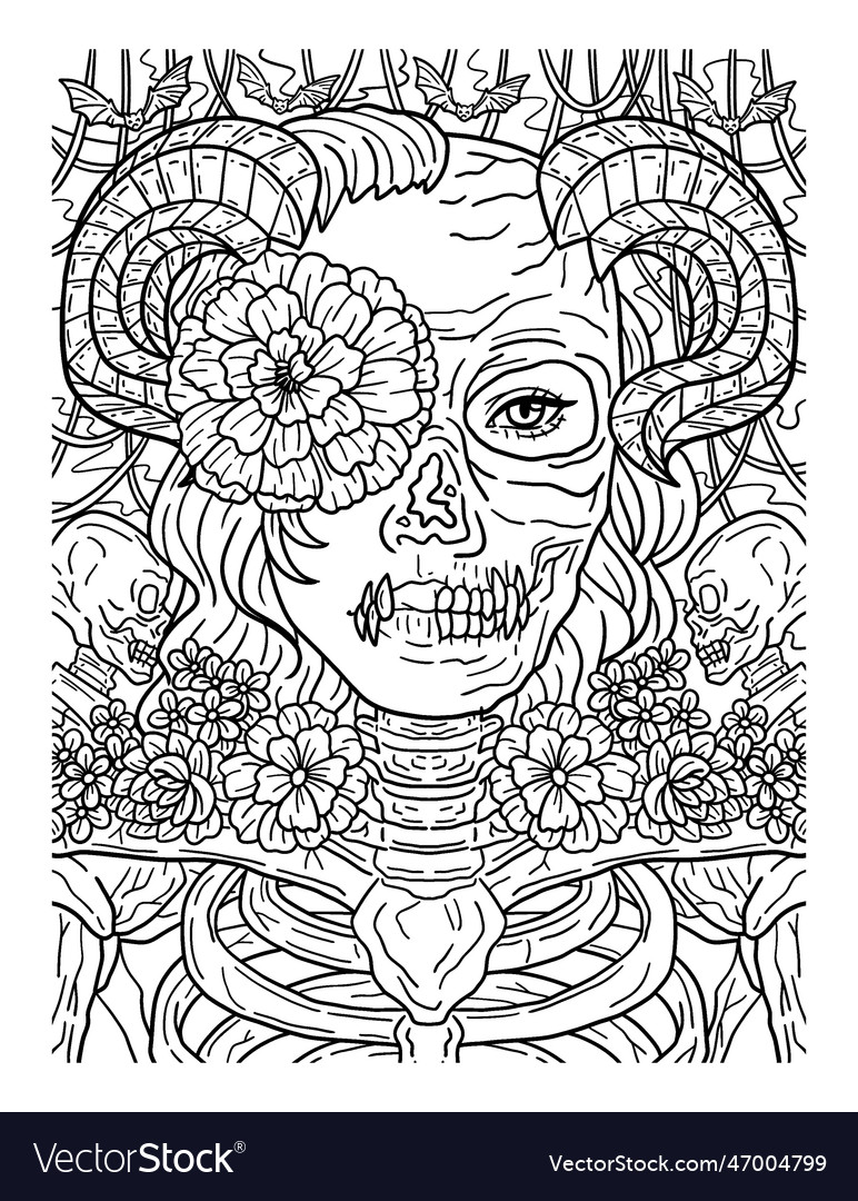 Halloween skull flower coloring page for adults vector image