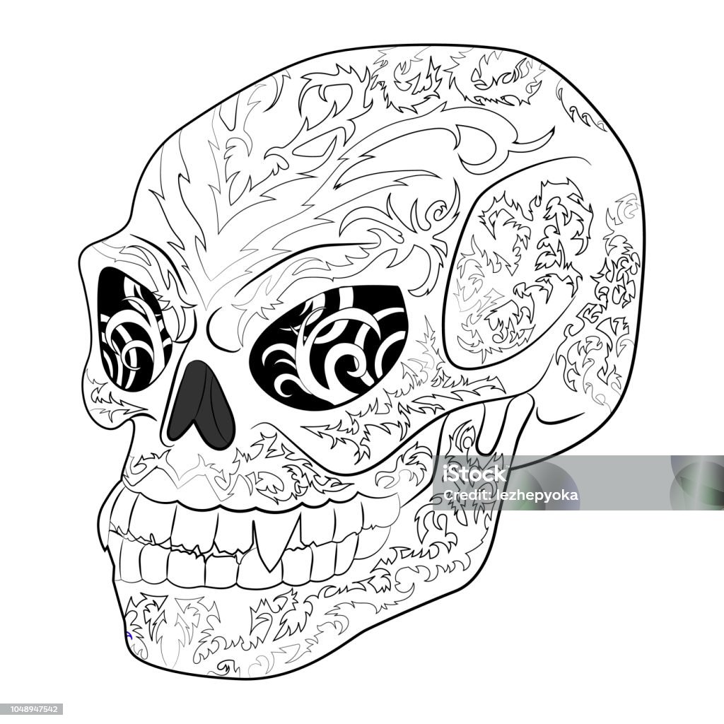 Antistress coloring page with halloween evil skull stock illustration