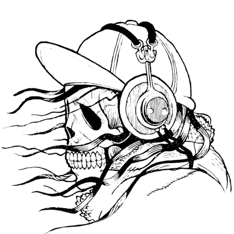 Skull in cap and headphones coloring page free printable coloring pages