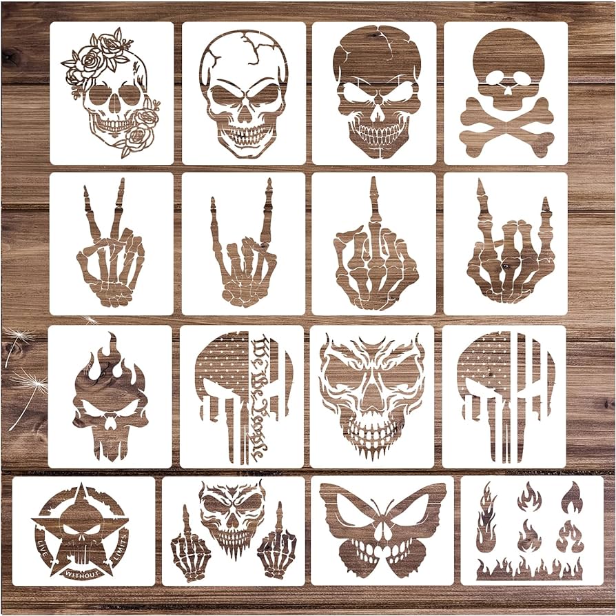 Skull stencils for painting on wood flame skeleton hand finger fire templates for airbrushing art crafts plastic reusable wood burning stencils for wall canvas skull arts crafts sewing