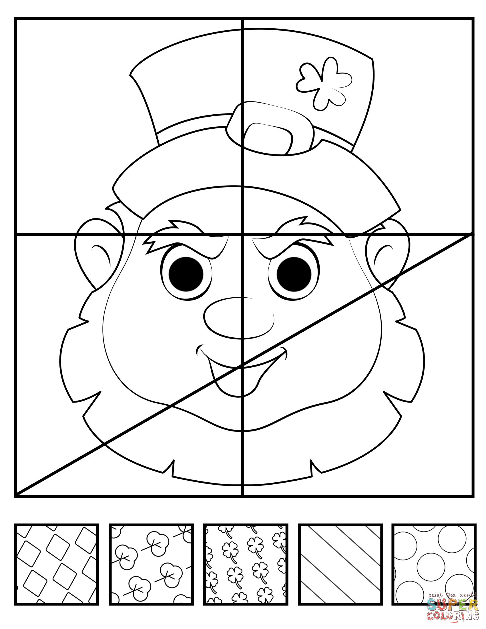 Fill and color leprechaun head with pop art patterns coloring page free printable coloring pages