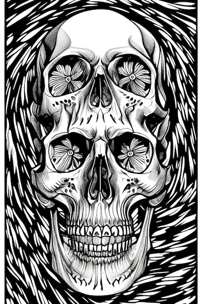 Premium photo coloring page of a human skull for kdp coloring books for adults