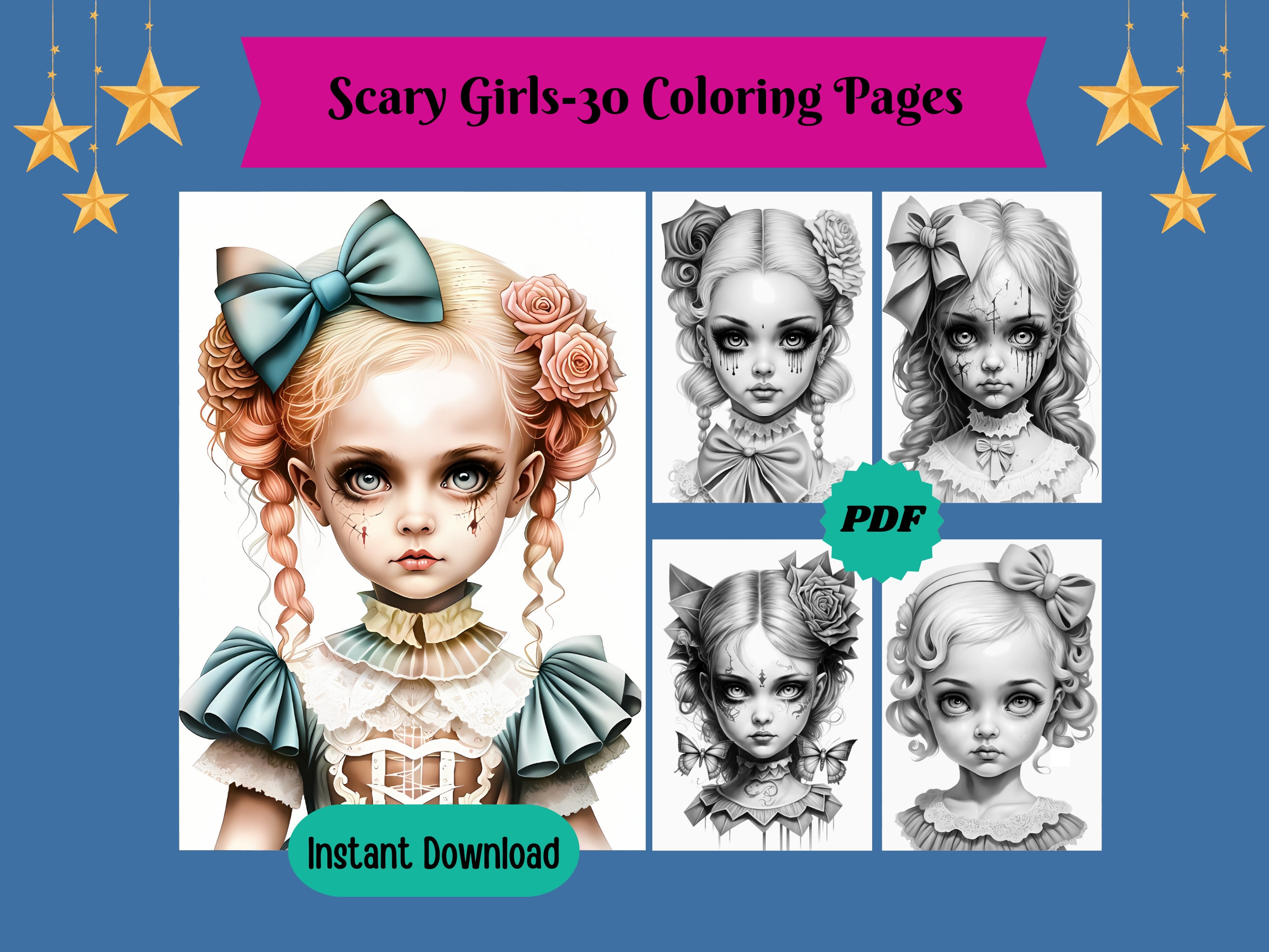 Printable scary girls grayscale coloring pages for adults kids dark fantasy adult colouring books instant download printable pdf