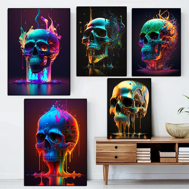 Abtract color kull head poter picture print canva painting wall art living room keleton decor bedroom