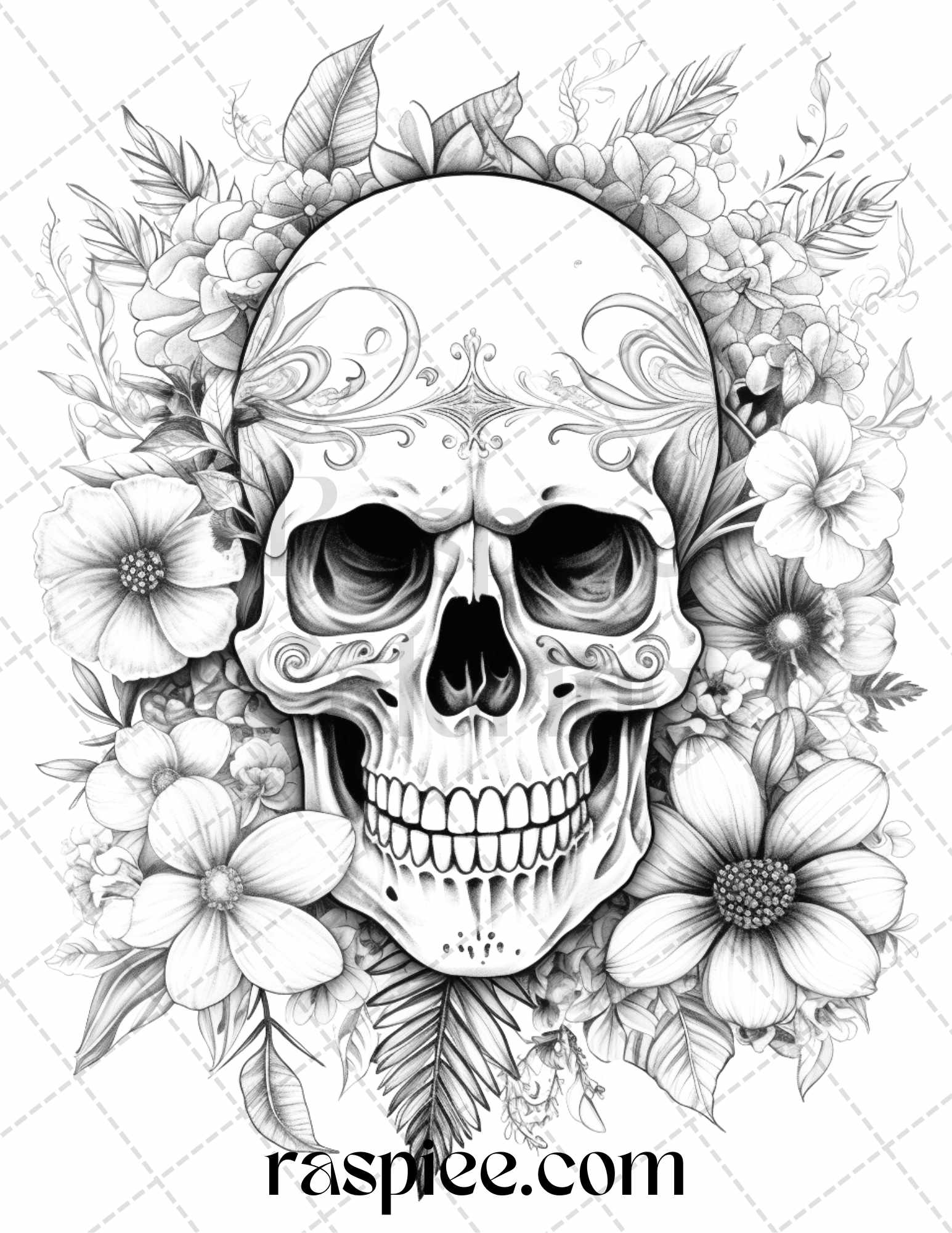 Floral skull grayscale coloring pages for adults stress relief col â coloring