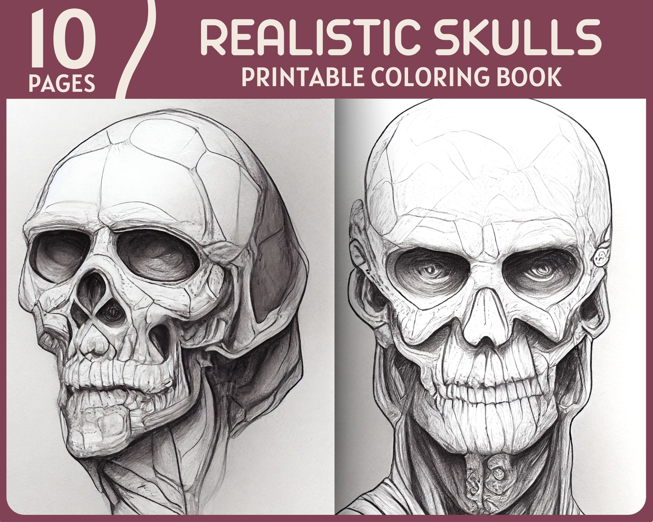 Realistic skulls coloring pages horror theme printable coloring book skull bone illustrations adult coloring page