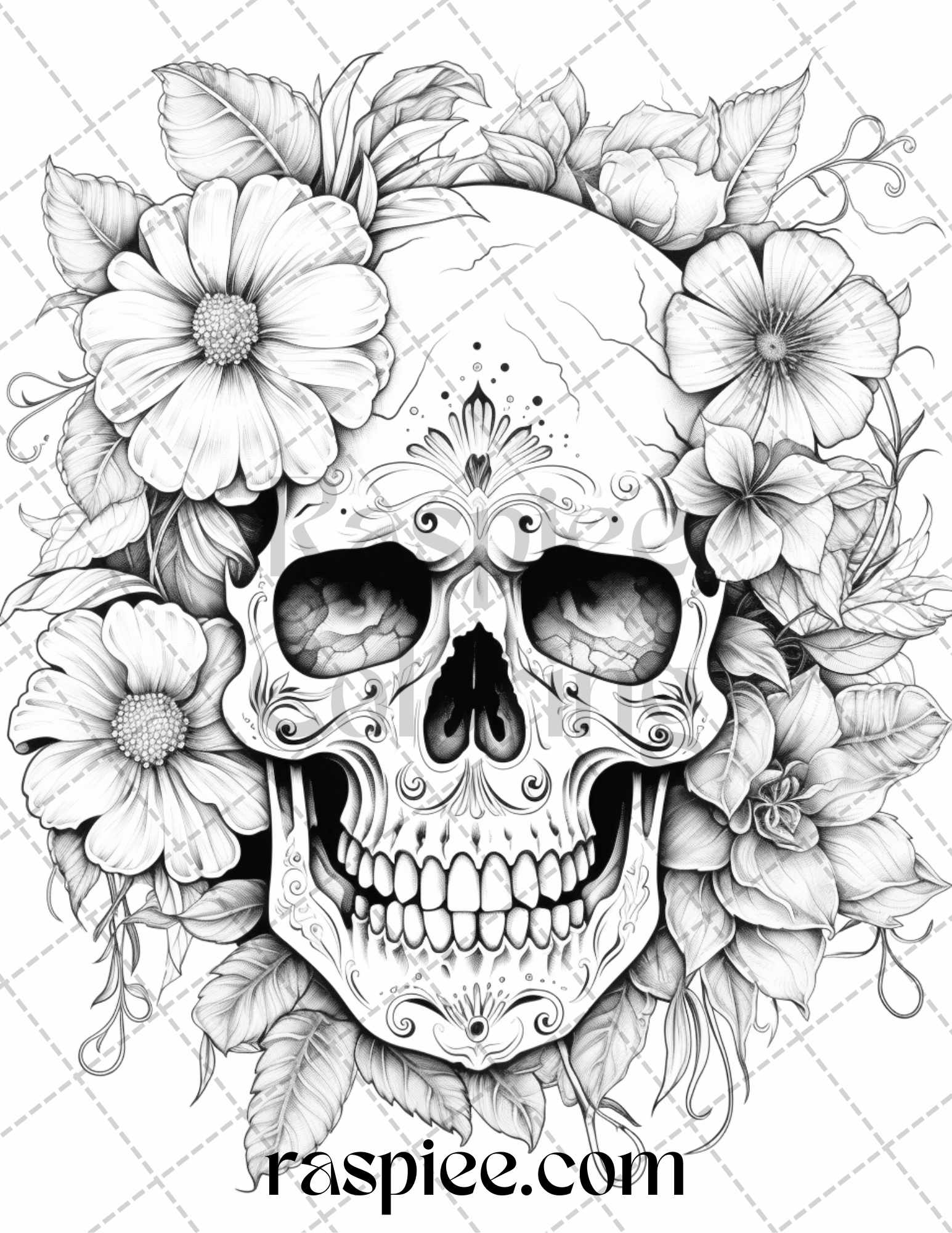 Floral skull grayscale coloring pages for adults stress relief col â coloring