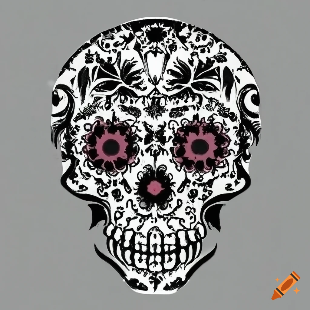 Black and white coloring page of a mexican skull pattern on