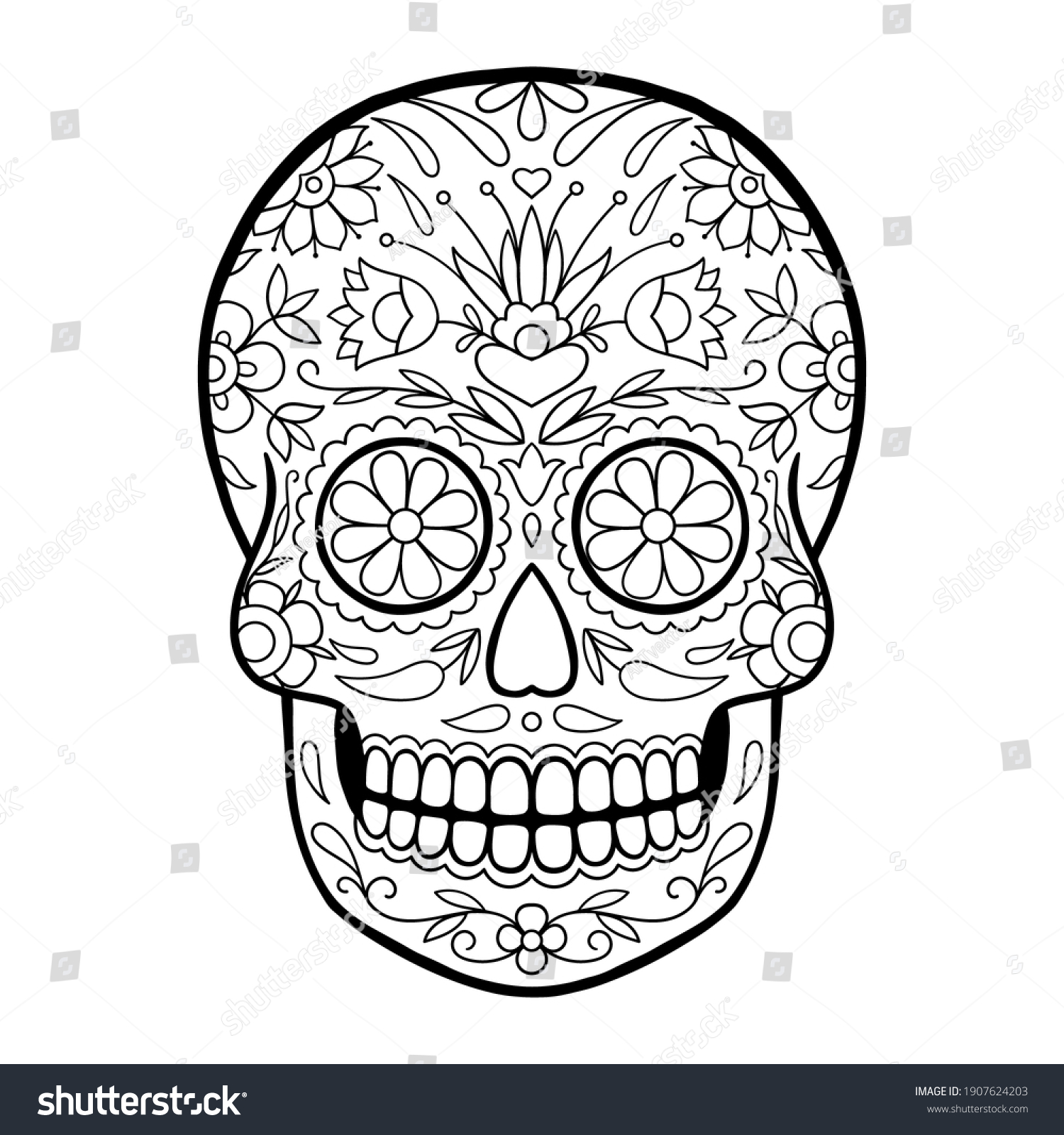 Sugar skull floral pattern coloring page stock illustration