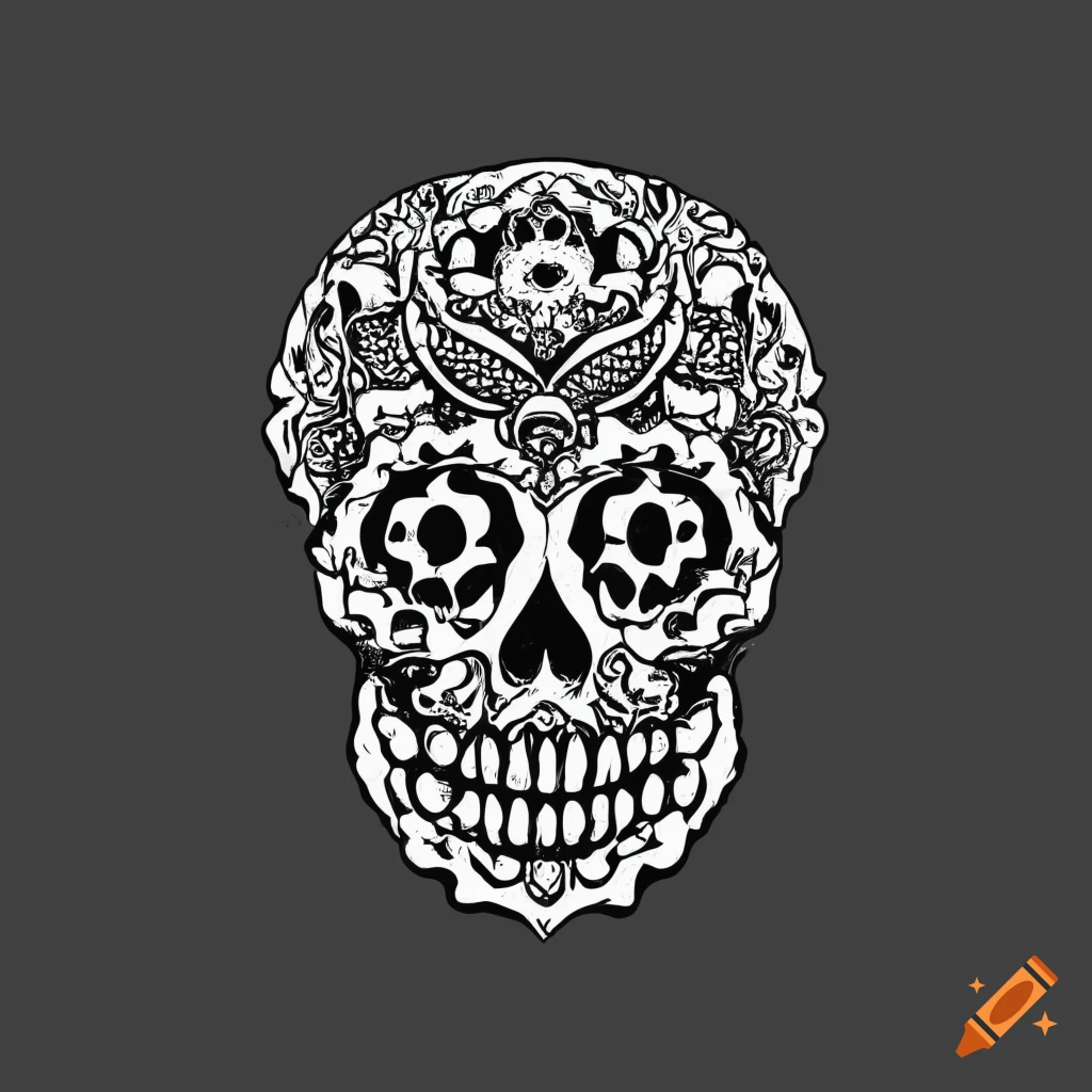 Black and white coloring page of a mexican skull pattern on