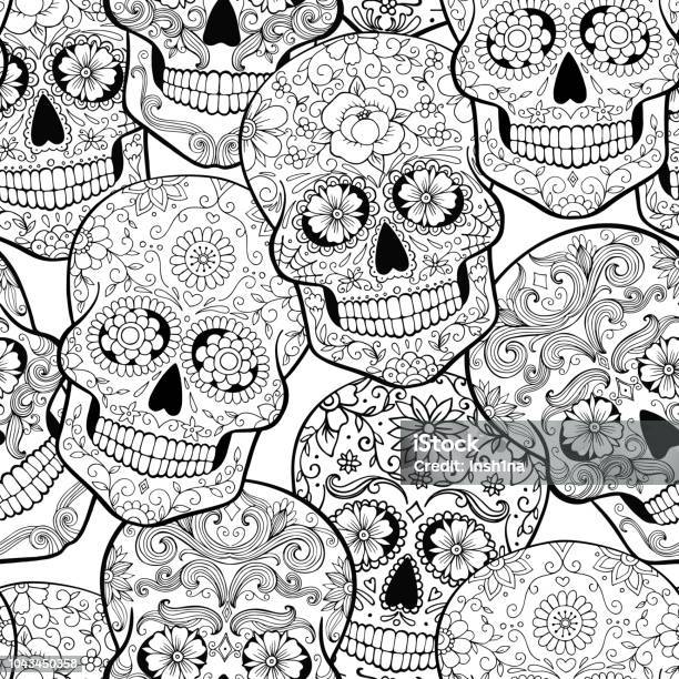 Halloween seamless pattern with sugar skulls coloring page stock illustration