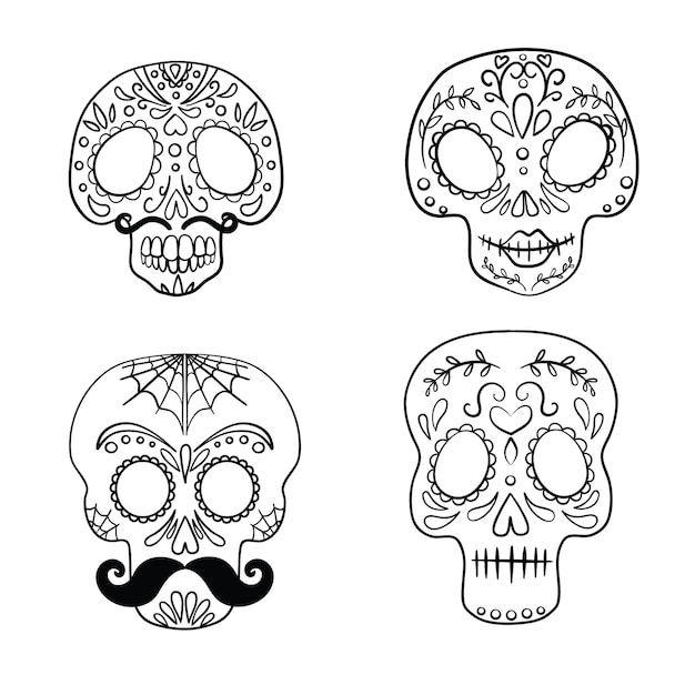 Premium vector black and white mexican sugar skull coloring page line art set