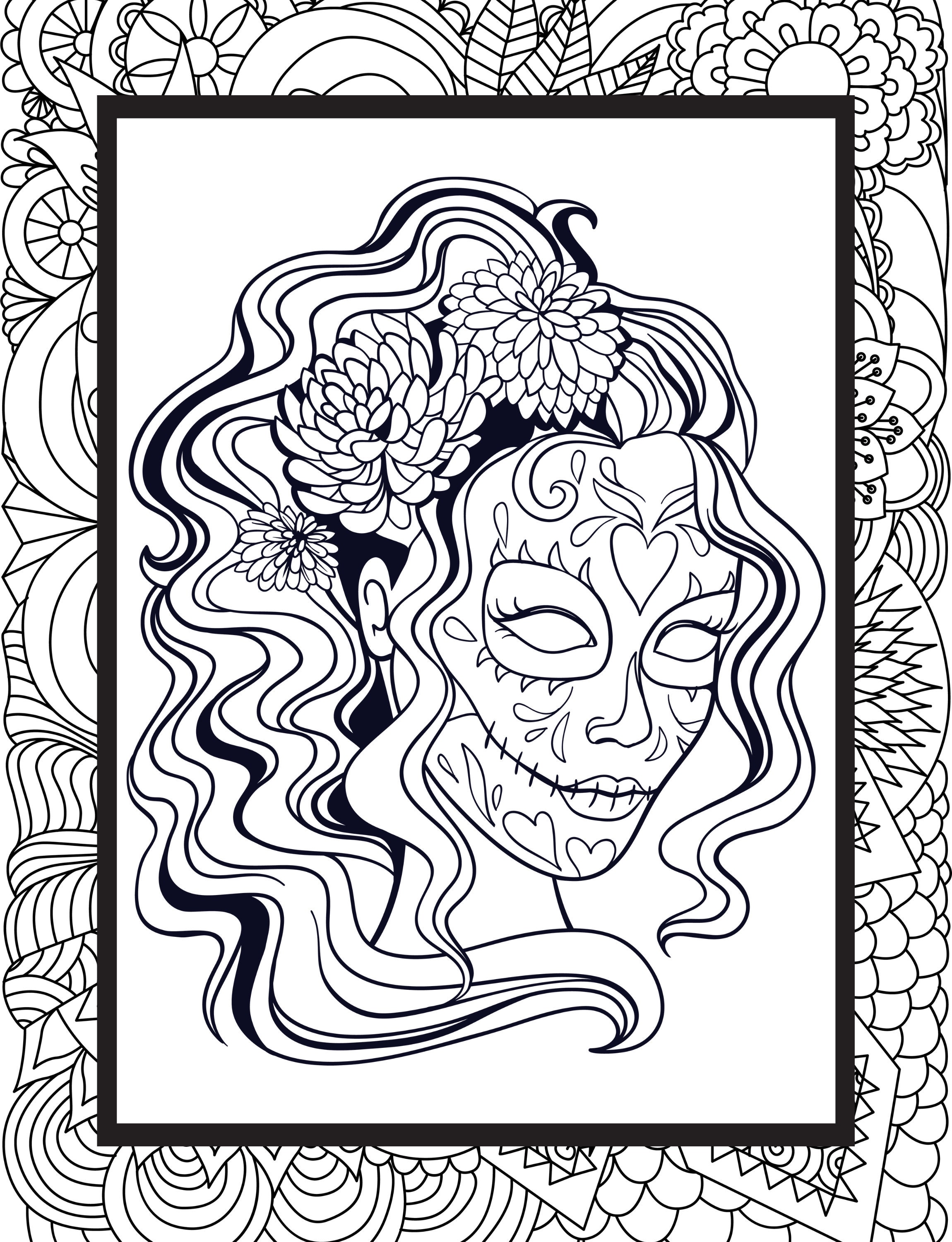 Female sugar skull coloring page for adults mexican skull color page fun color page halloween free download print x at home