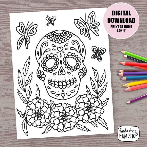 Sugar skull coloring page dia de los muertos activity printable instant download print and color halloween page x