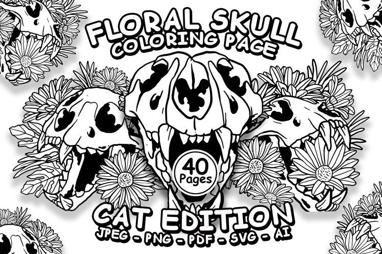 Floral skull coloring page cat edition