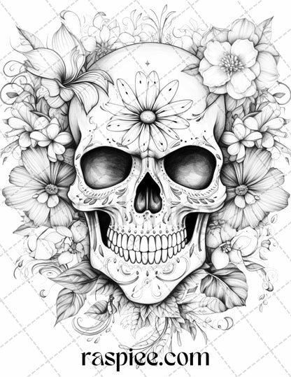 Floral skull grayscale coloring pages for adults stress relief col â coloring