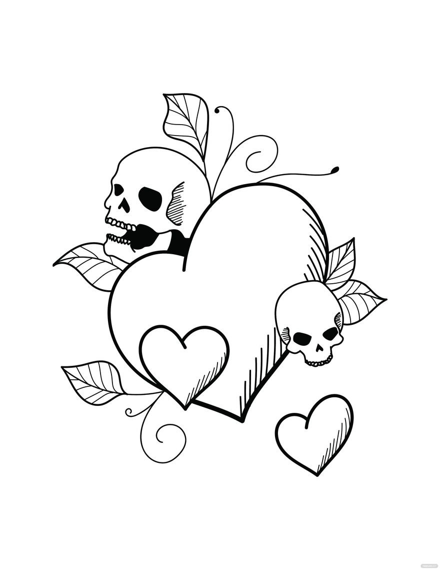 Free skulls and hearts coloring page