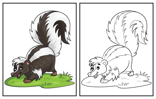 Premium vector coloring book cute skunk coloring page and colorful clipart character vector cartoon illustration