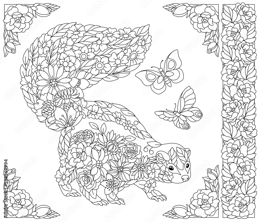 Floral skunk adult coloring book page with fantasy animal and flower elements vector