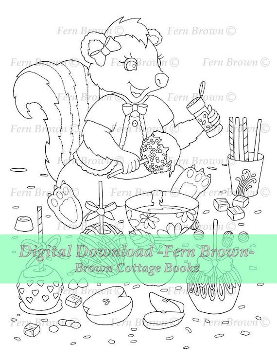 Coloring page animals line art printable download food skunk candied apples by fern brown hand