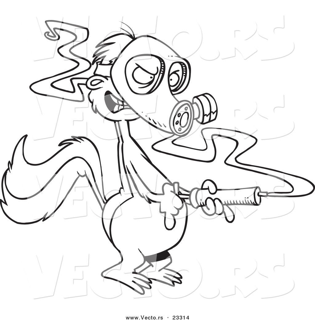 Cartoon r of cartoon skunk wearing a mask and spraying