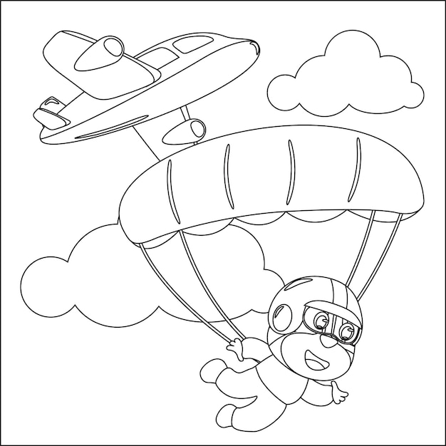 Premium vector vector cartoon illustration of skydiving with litlle monkey plane and clouds colouring book or page