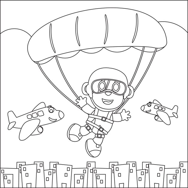 Premium vector vector cartoon illustration of skydiving with litlle animal plane and clouds colouring book or page