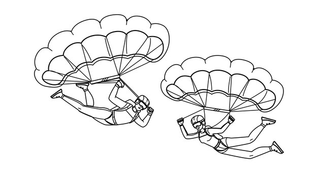 Premium vector skydiver parachute vector extreme skydiving sky adrenaline jump parachutist freedom parachuting skydive flying skydiver parachute character people black line illustration