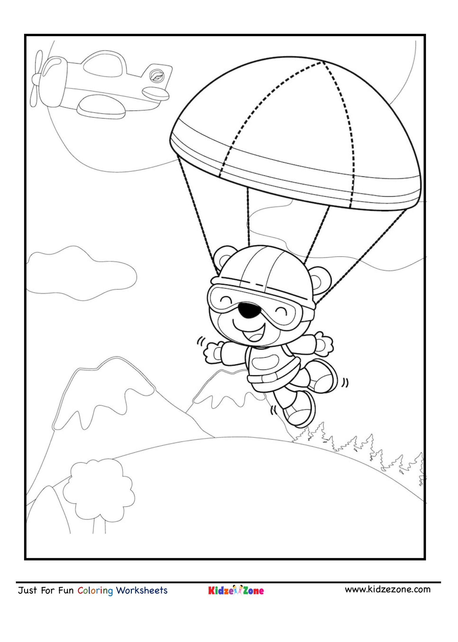 Sky diving bear cartoon coloring page