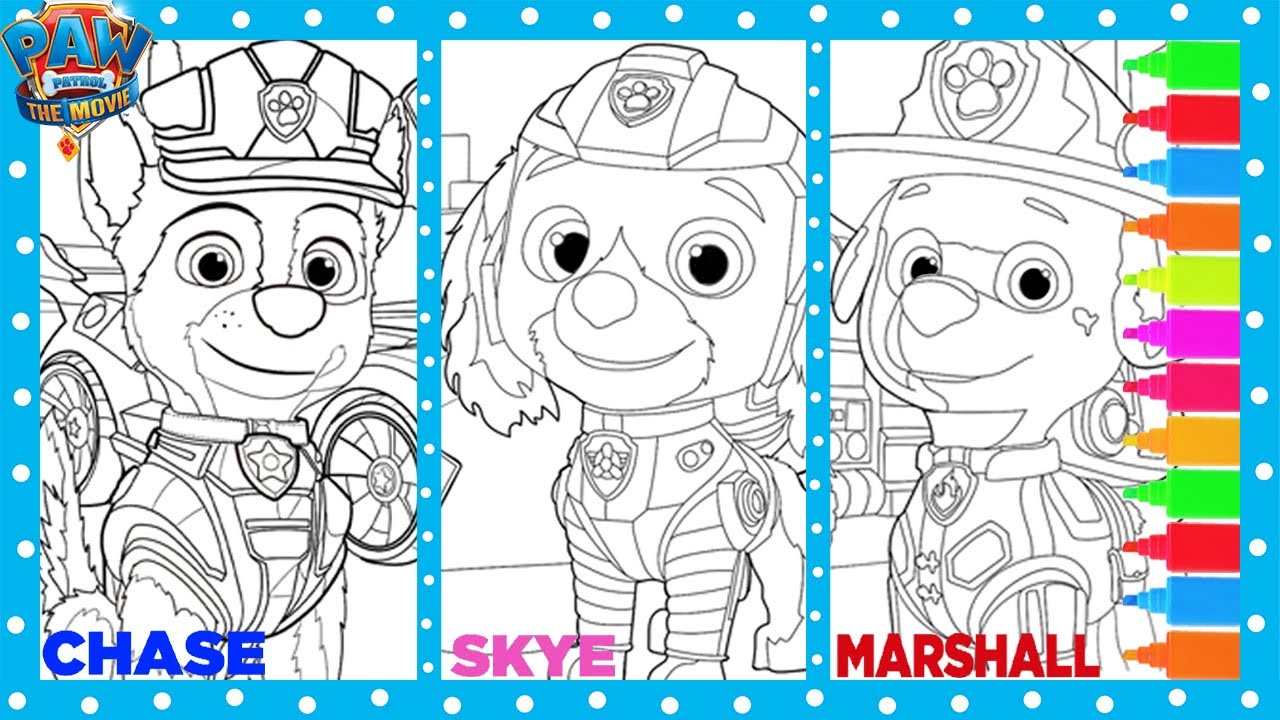 Paw patrol coloring page arshall skye chase rescue pups happily snowball