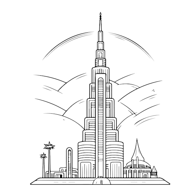 Premium vector sketch hand drawn single line art coloring page menara burj khalifa day