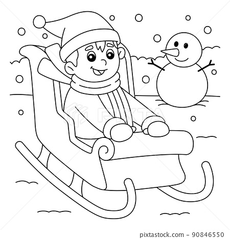 Christmas boy riding on sleigh coloring page