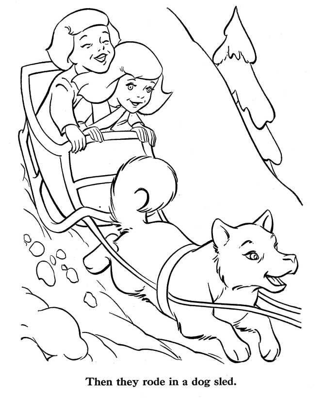 Children ride a dog sled coloring page