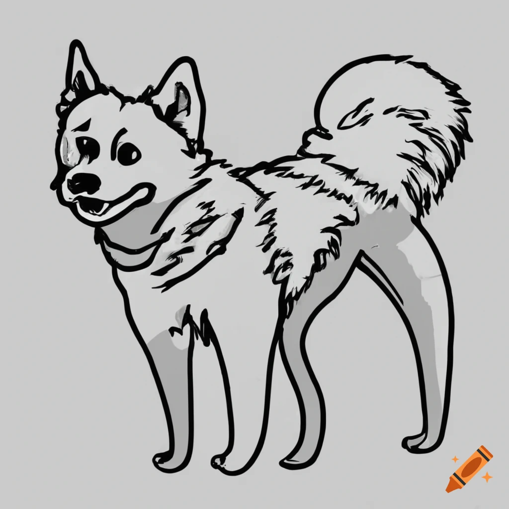 Fluffy sled dog with fluffy tail line drawing on