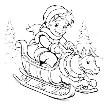 Premium vector boy riding on sleigh coloring page for kids